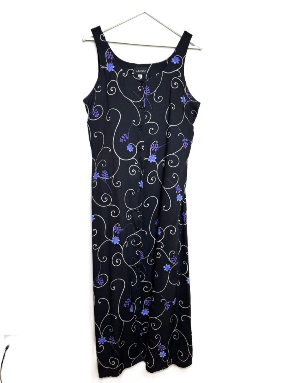 Vintage 90s Grunge Black & Purple Floral Print Button-Front Midi Dress, Size 10